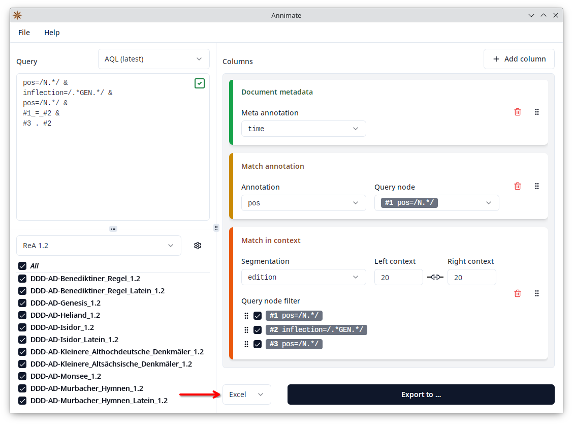 Screenshot showing export format selector