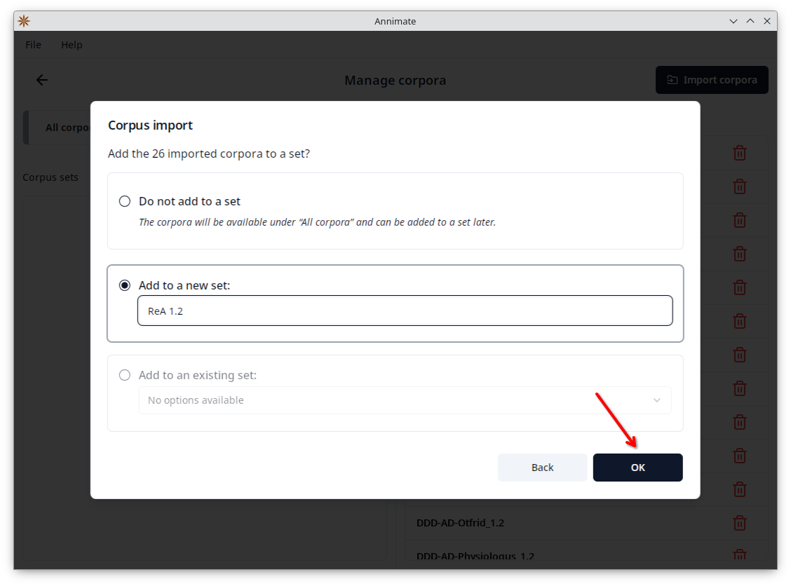 Screenshot showing how to add imported corpora to a set