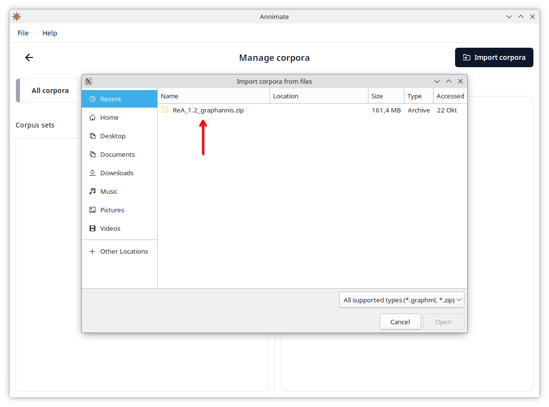 Screenshot showing “Import corpora from files” dialog