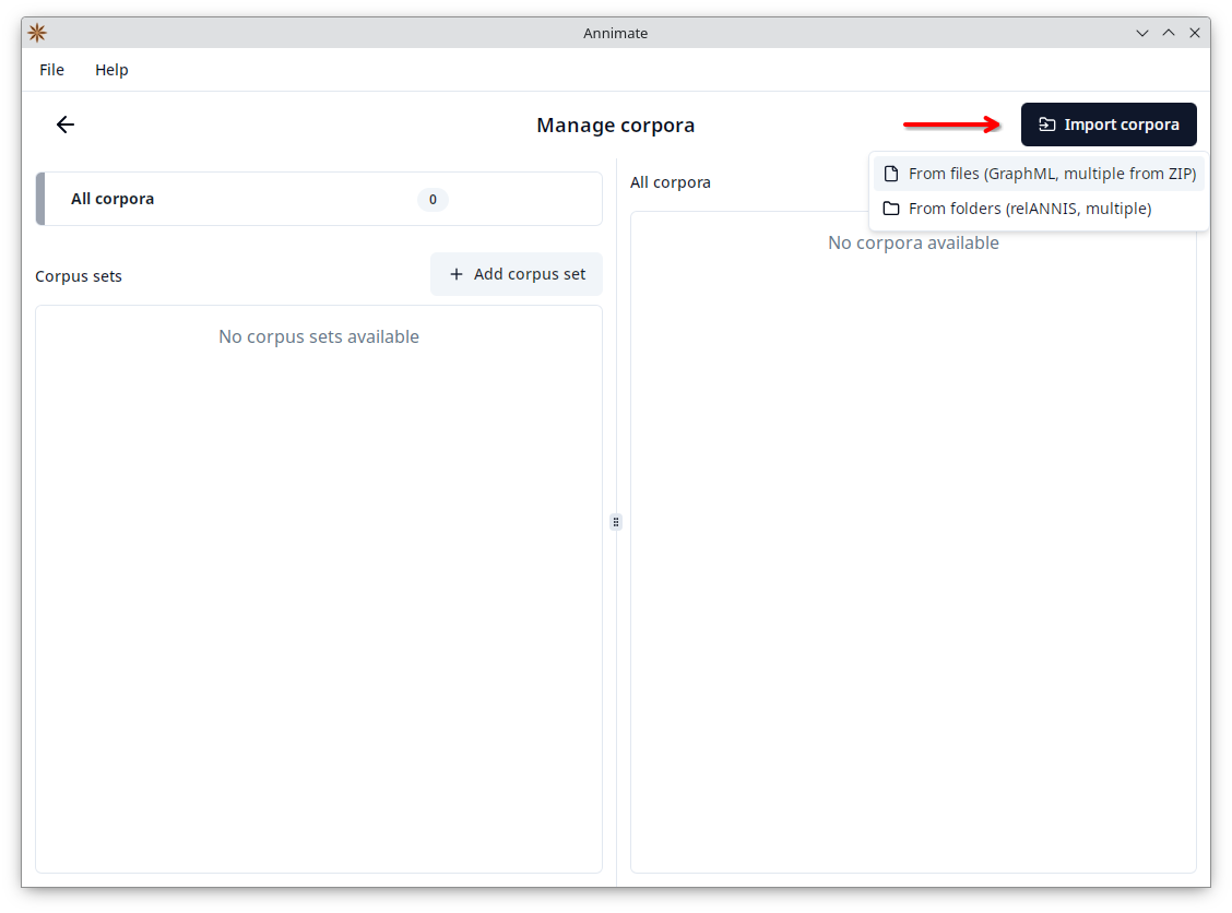 Screenshot showing “Import corpora” menu