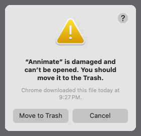 Screenshot of macOS “damaged” alert