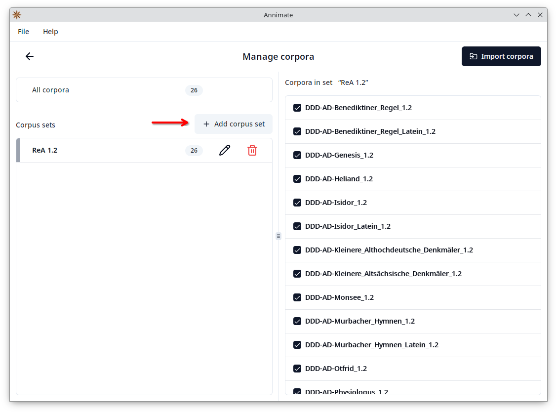 Screenshot showing “Add corpus set” button“