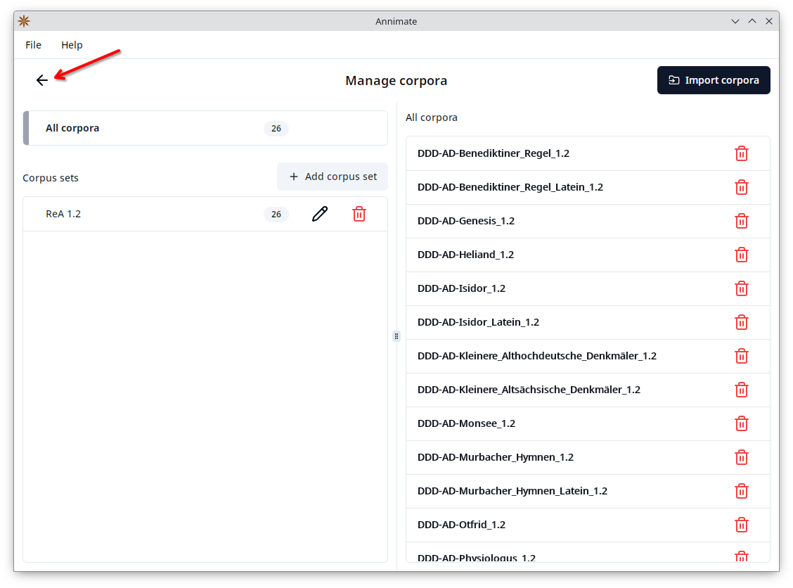 Screenshot showing “Back” button on “Manage corpora” screen