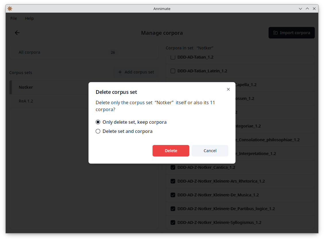 Screenshot showing “Delete corpus set” dialog